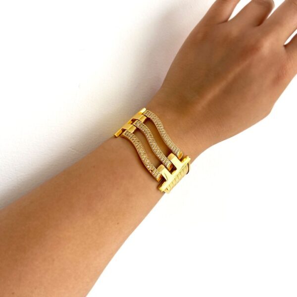 BZ Altın Kaplama Kaburga Kelepçe 3 Sıra Taşlı Çelik Kelepçe KB-105