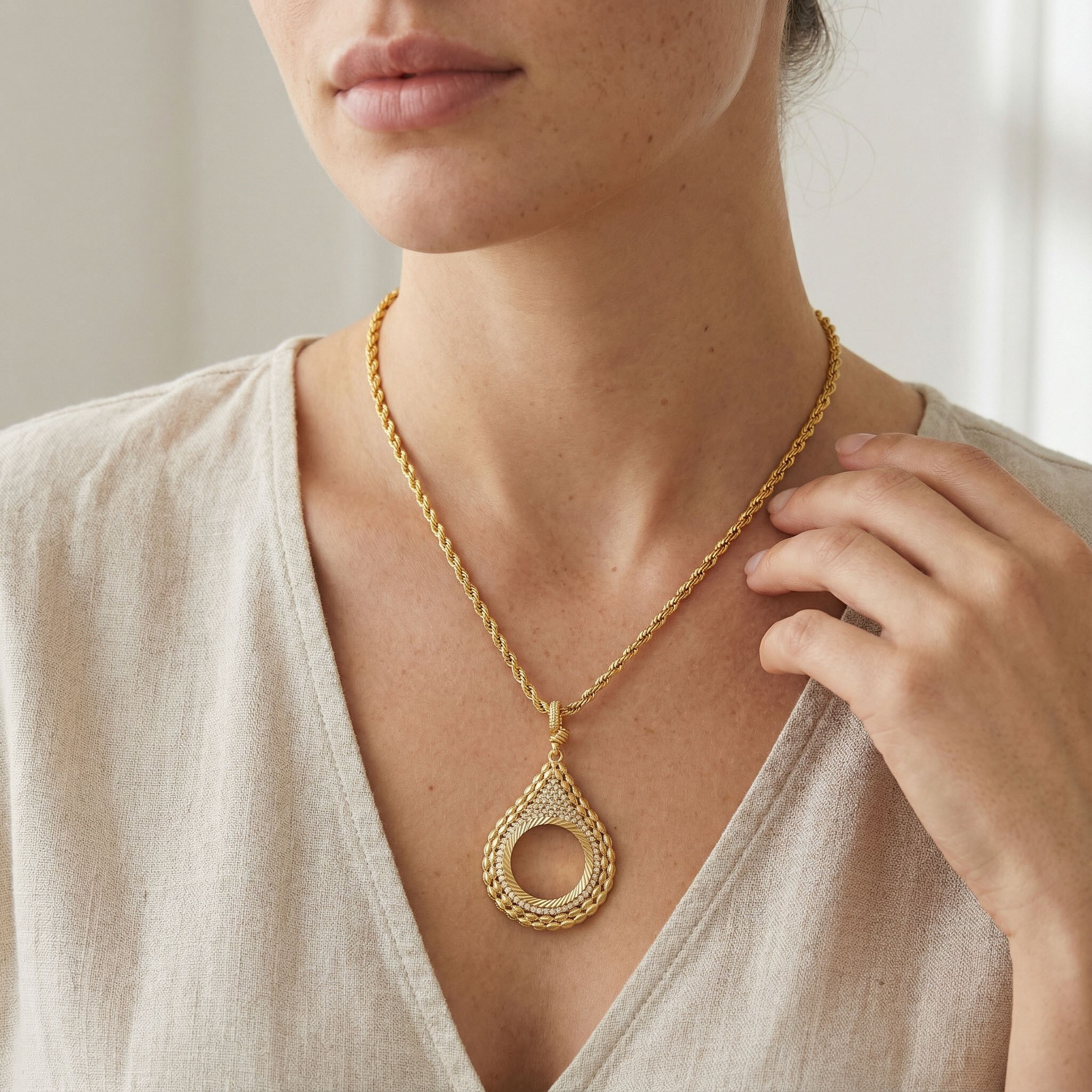 Yarım Altın Çerçeveli Kolye Ucu Altın Kaplama İşlemeli TGR-711 - Görsel 2