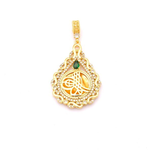 Altın Kaplama Yeşil Taşlı Sonsuzluk Model Tuğralı Kolye Ucu TGR-760